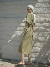 Soft Pleated Button-Front Linen Dress with Waist Tie